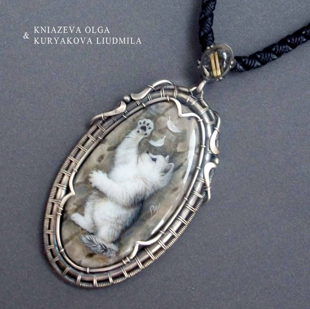Кулон Котёнок ювелирная живопись на камне Ольги Князевой в серебряной оправе, фото 1
