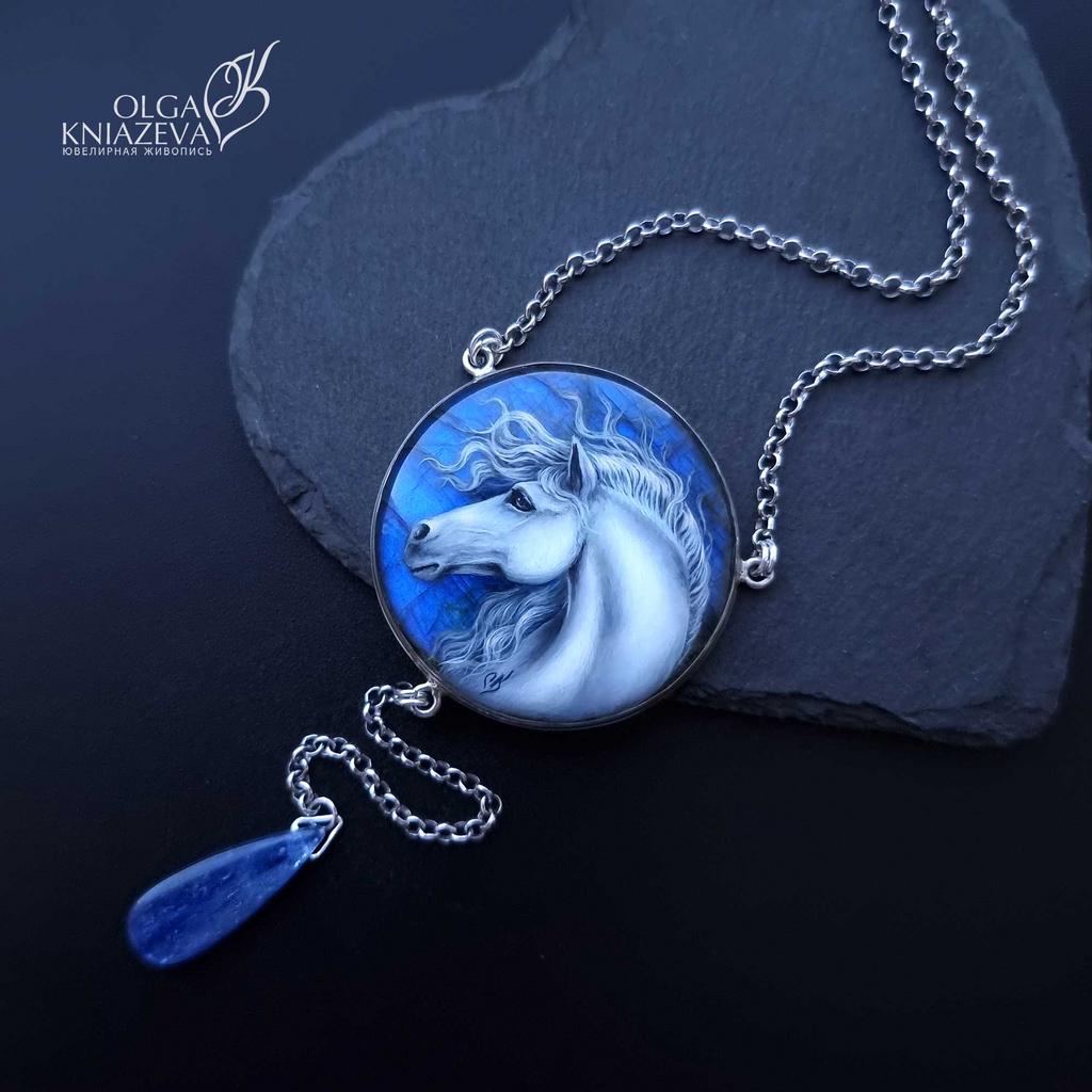 Кулон - колье "Белая ночь"- ювелирная живопись на камне Ольги Князевой