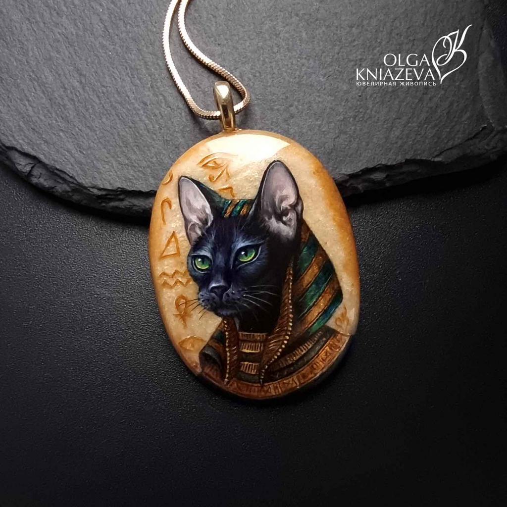 Кулон Богиня Бастет - ювелирная живопись Ольги Князевой