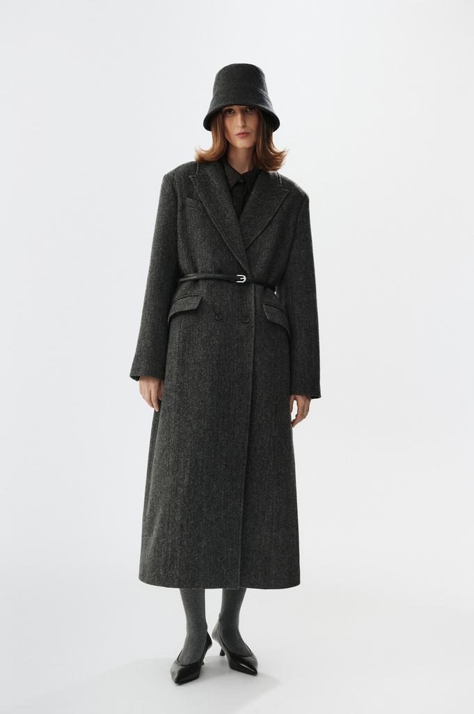 Пальто двубортное в серую елочку