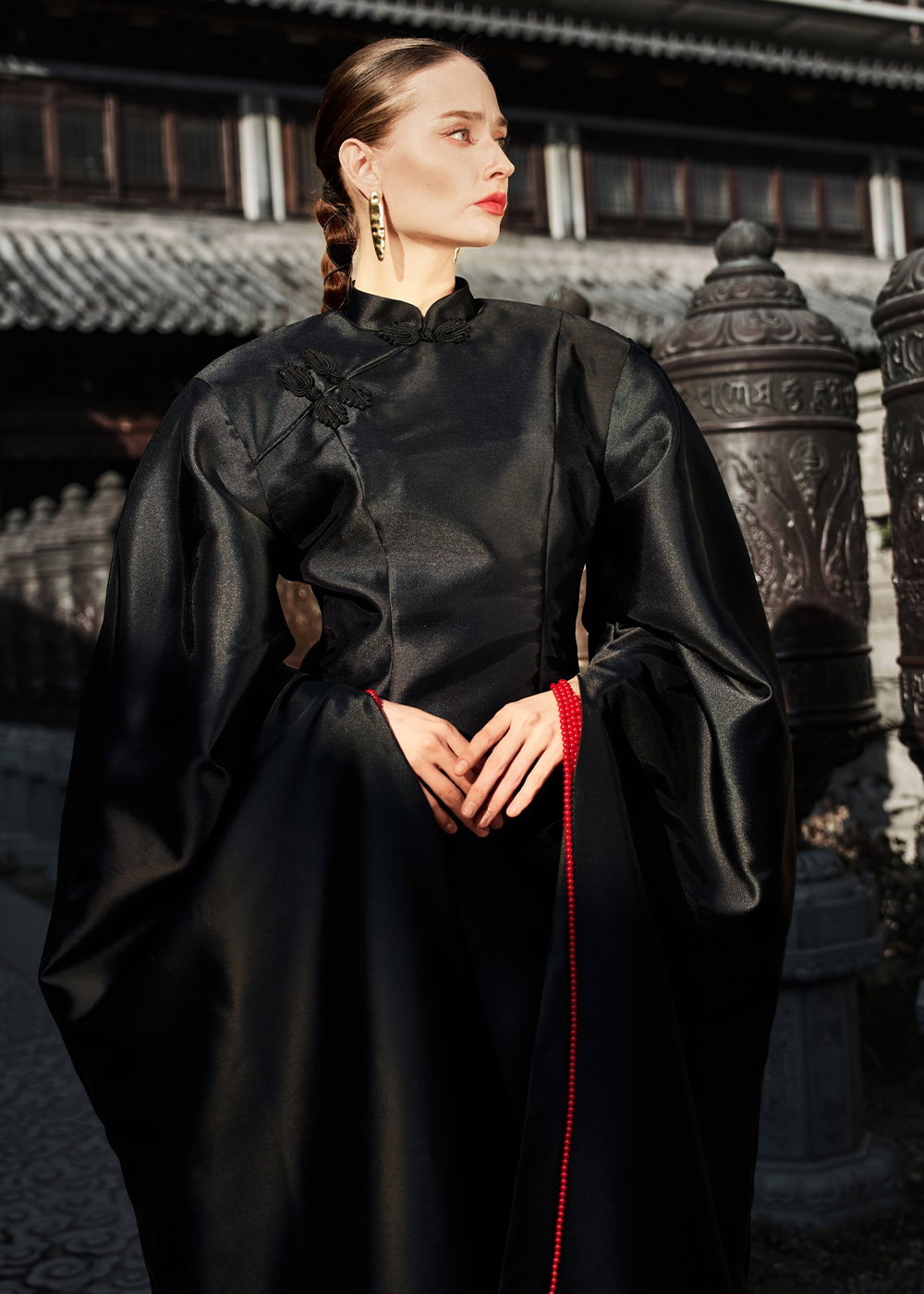 Блуза-кимоно из тафты, черная