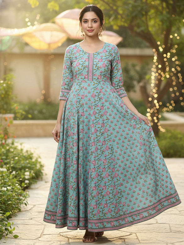 Голубое платье-анаркали с цветочным рисунком, L