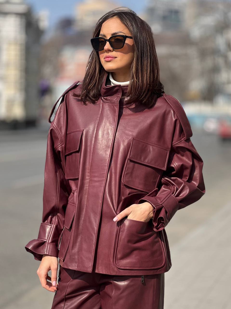 Куртка-парка из мягкой высококачественной натуральной кожи в цвете BORDO