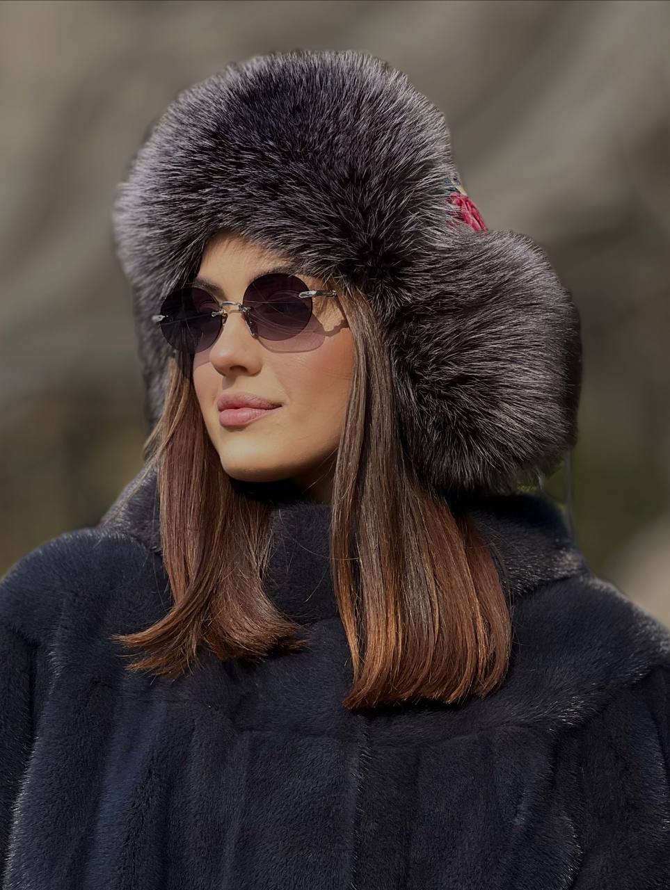 Меховая ушанка, из натурального меха лисы оттенка Blue Frost