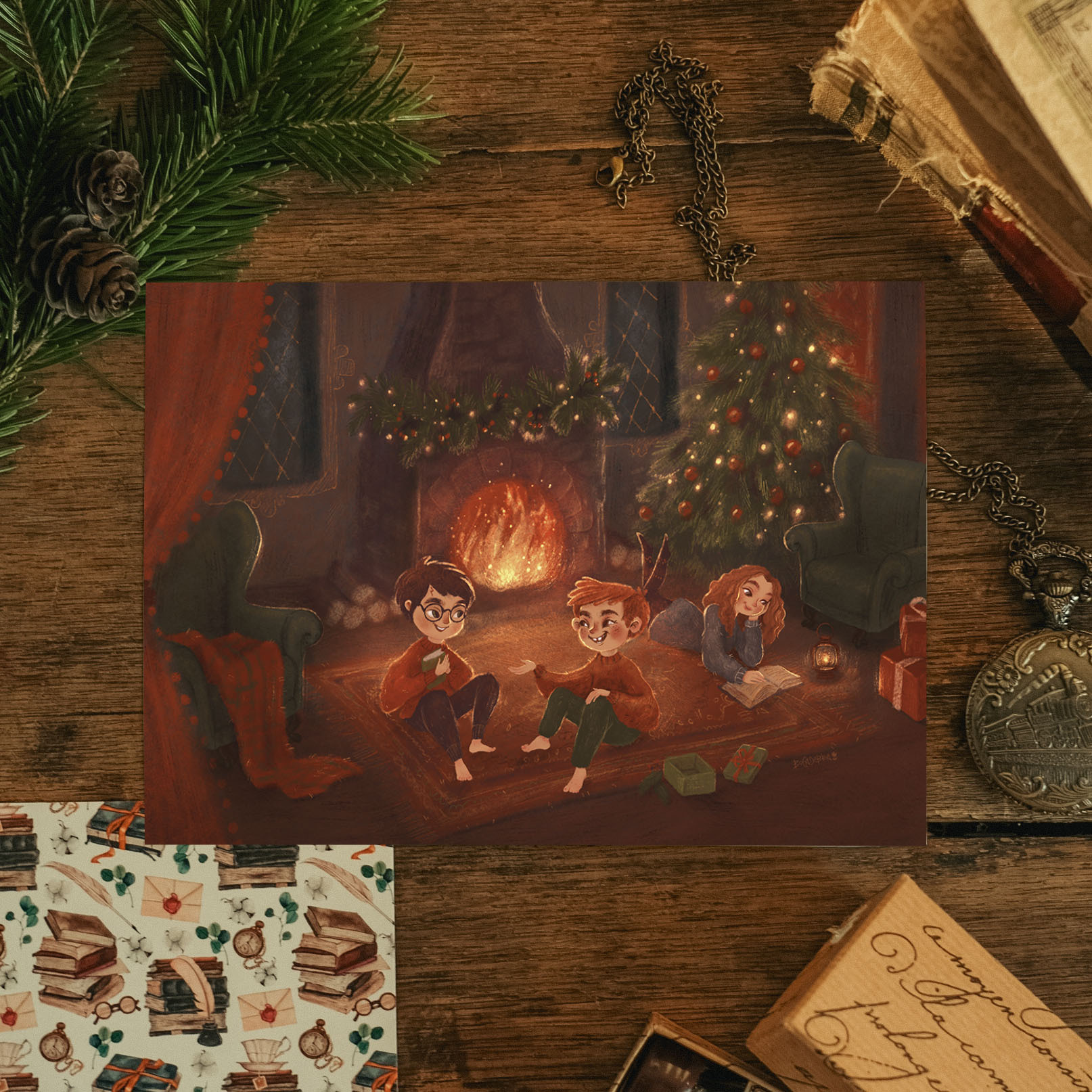 "Christmas Gryffindor Common Room" postcard