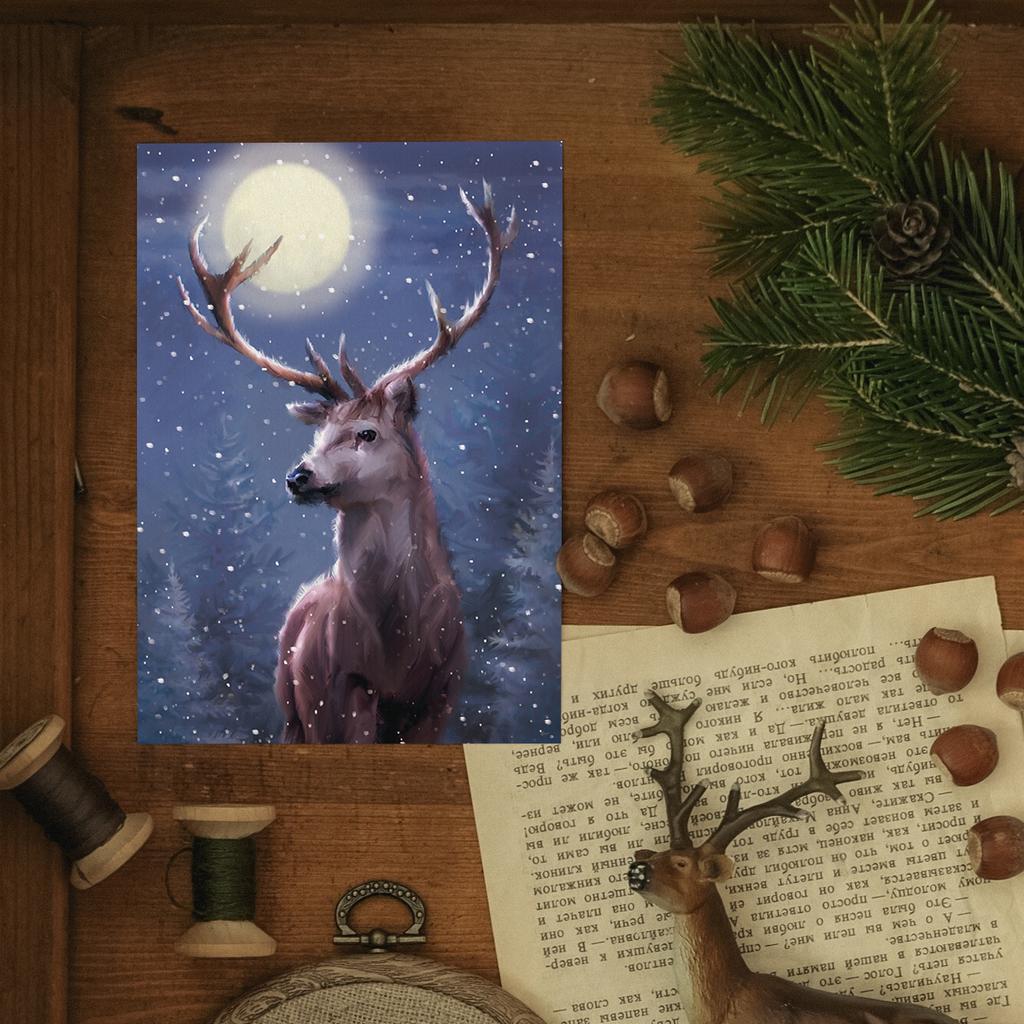 "Олень под луной" почтовая открытка для посткроссинга