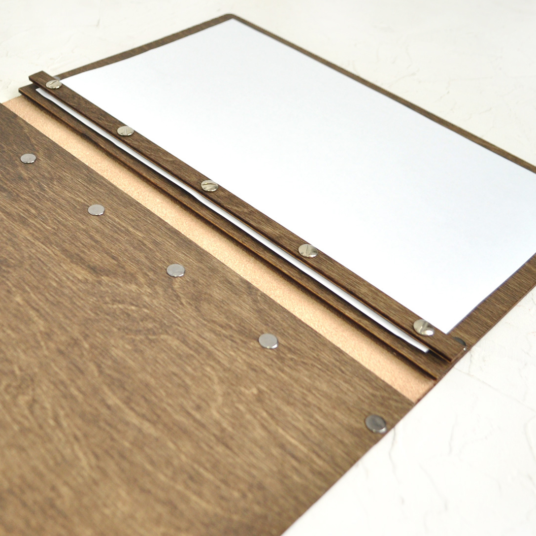 папка для меню из дерева с кожей купить заказать со своим логотипом