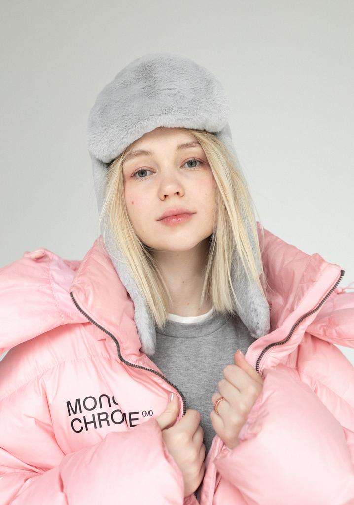 Ушанка из экомеха жемчужно-серая