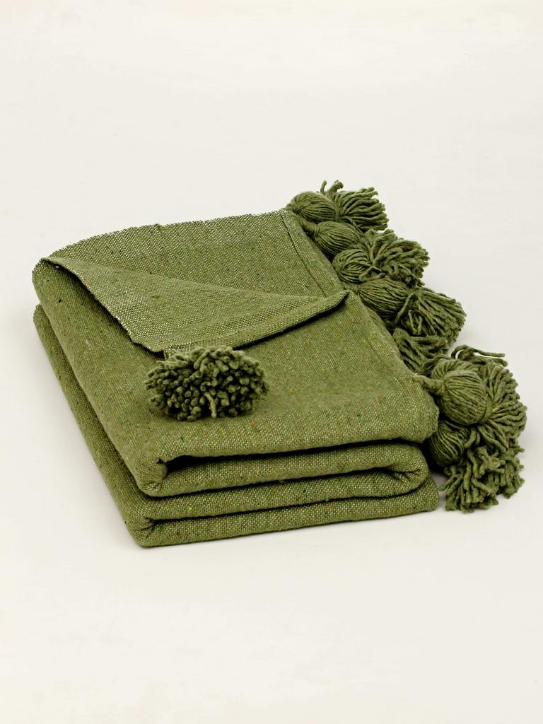 Марокканский плед из хлопка с помпонами Vert