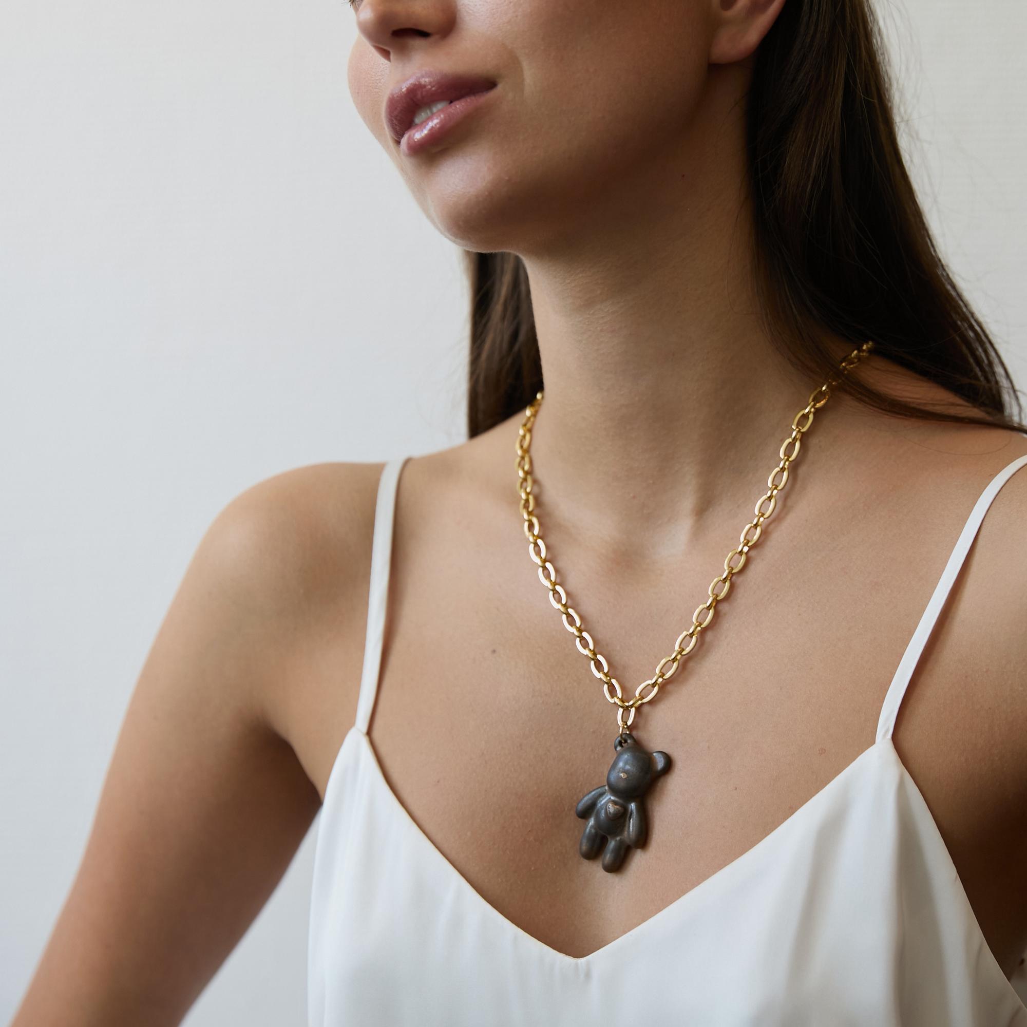 Кулон Мишка винтажная полуматовая бронза на цепи в золоте