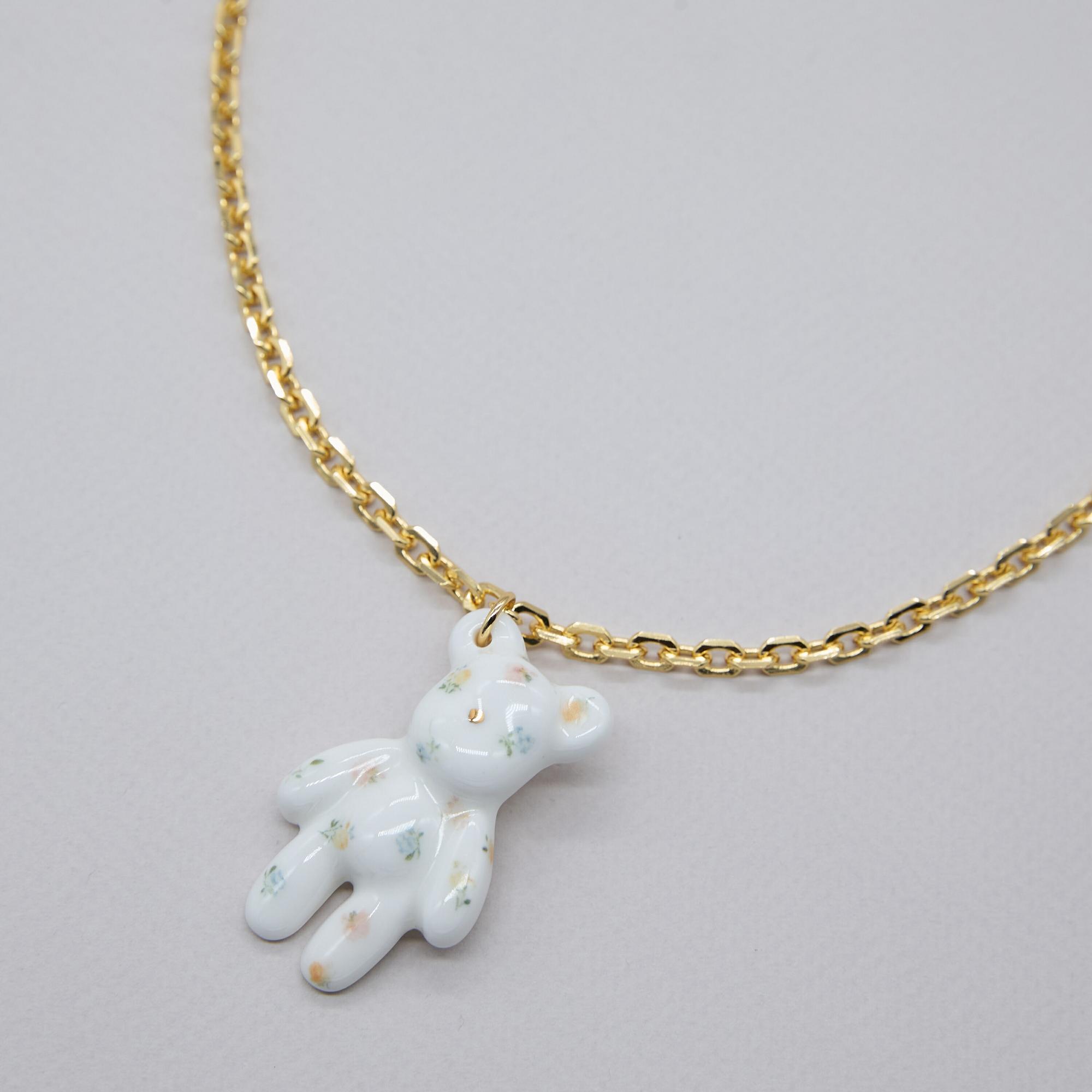 Кулон мишка пастельный цветочек золотая цепь фарфор Buylerika