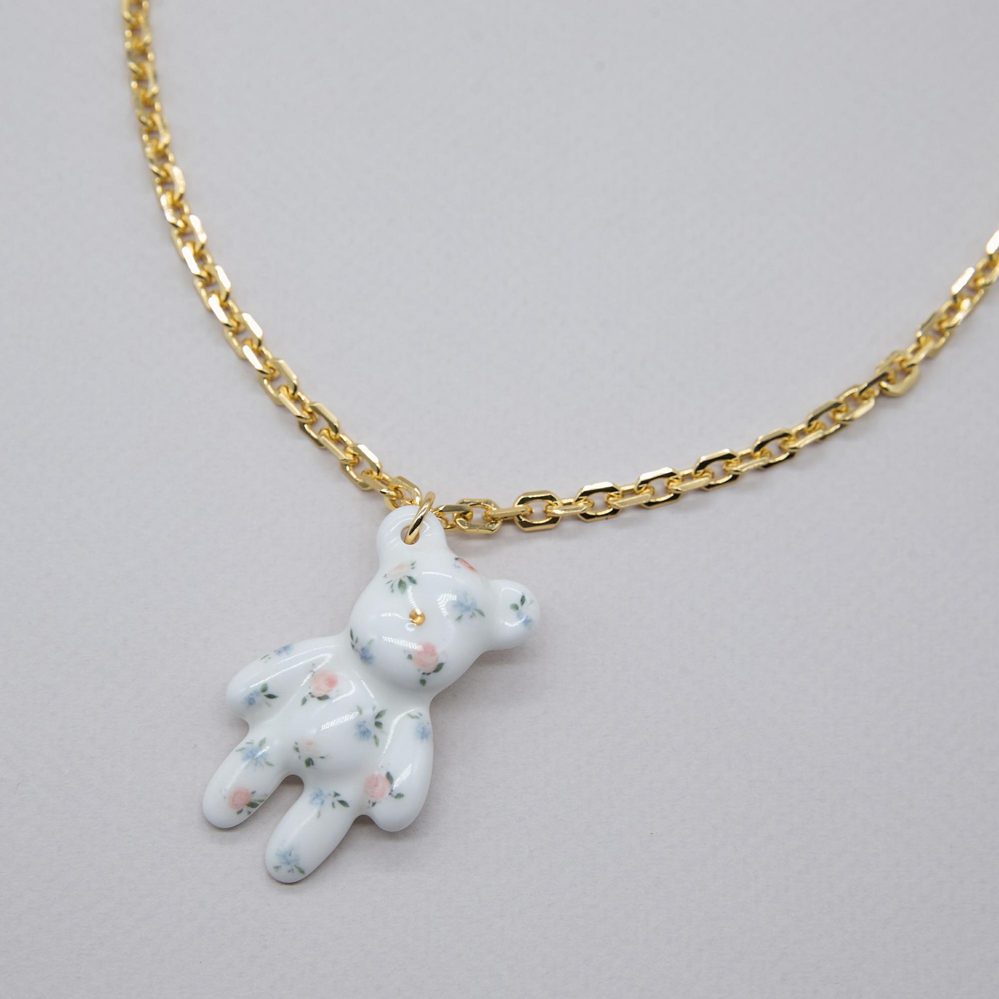 Кулон мишка сине-красный цветочек золотая цепь фарфор Buylerika