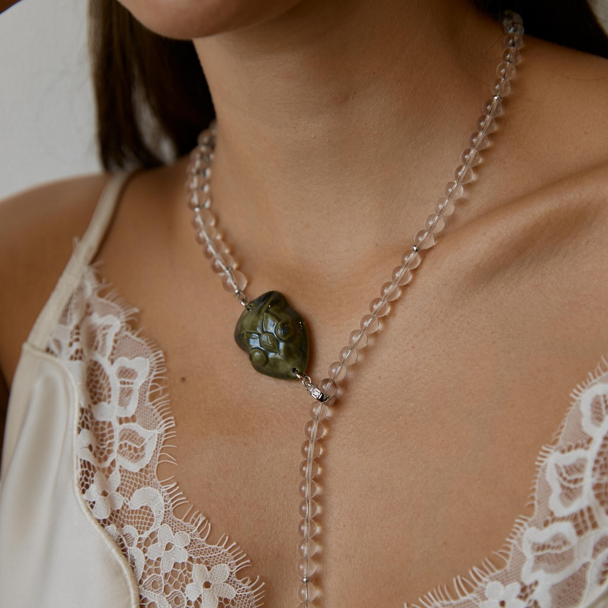 Колье трансформер змея зеленая с горным хрусталем в серебре