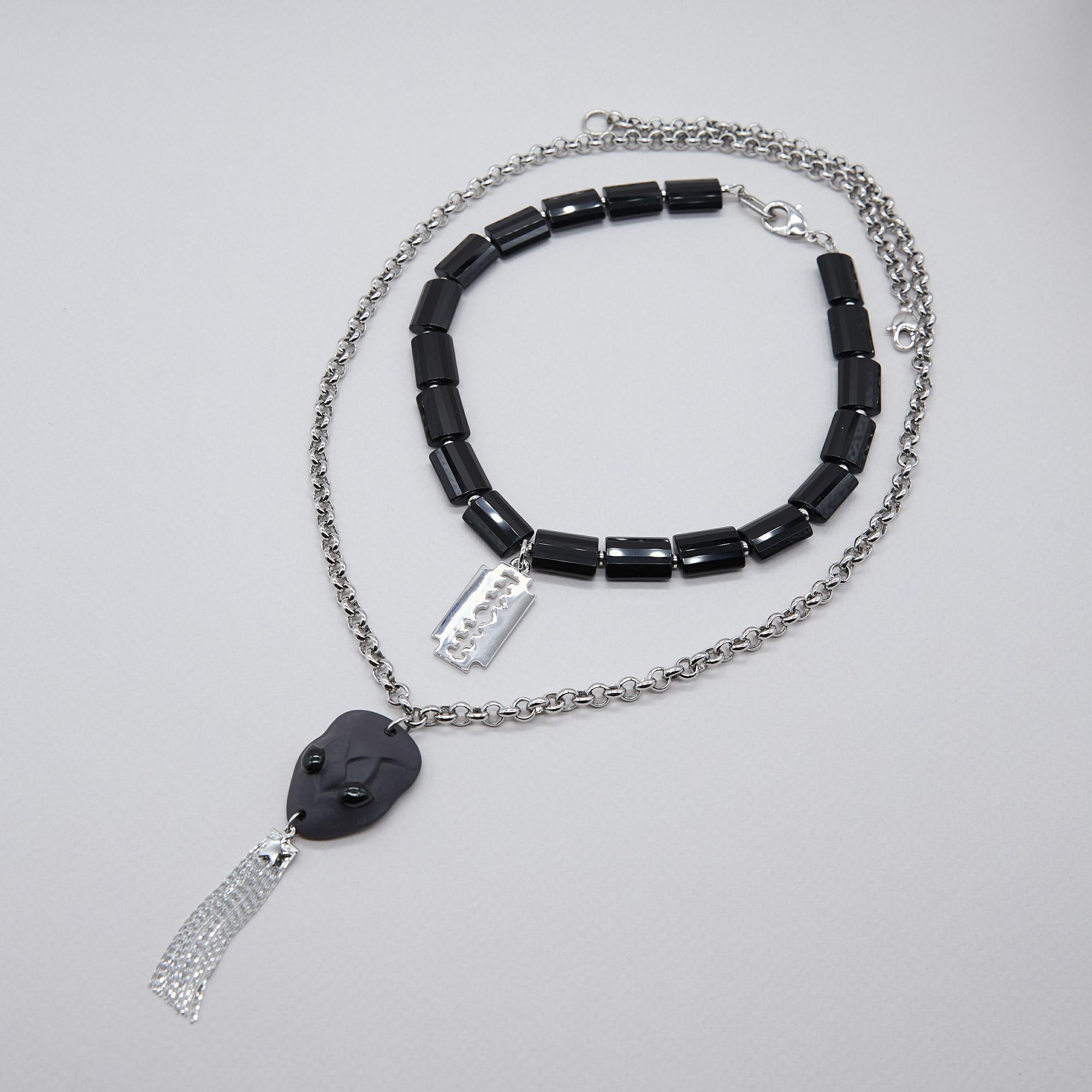 Колье многослойное змея черная и бусы с хрустальным стеклом и бритвой