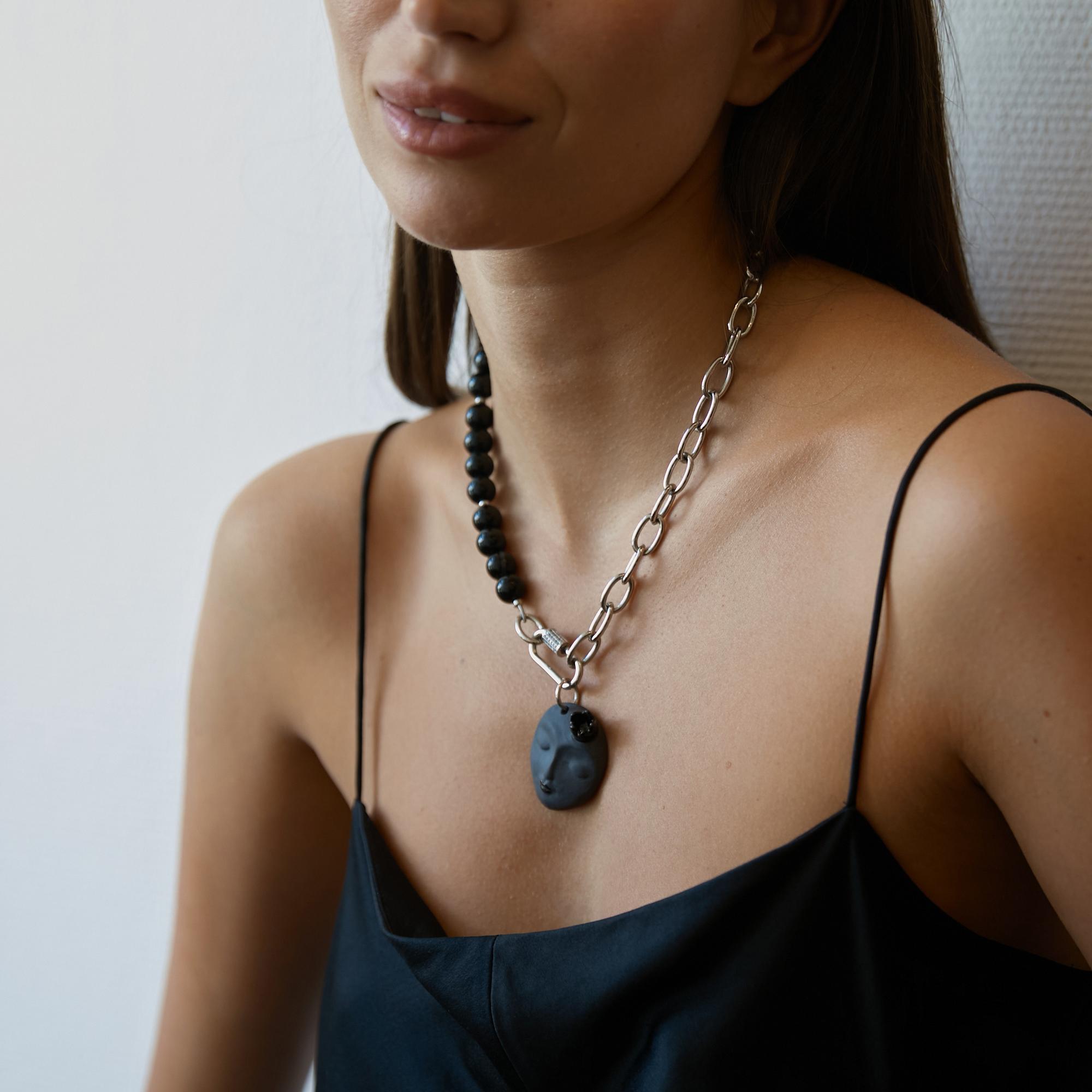 Колье черный съемный Принцесса с бусинами из черного агата в серебре