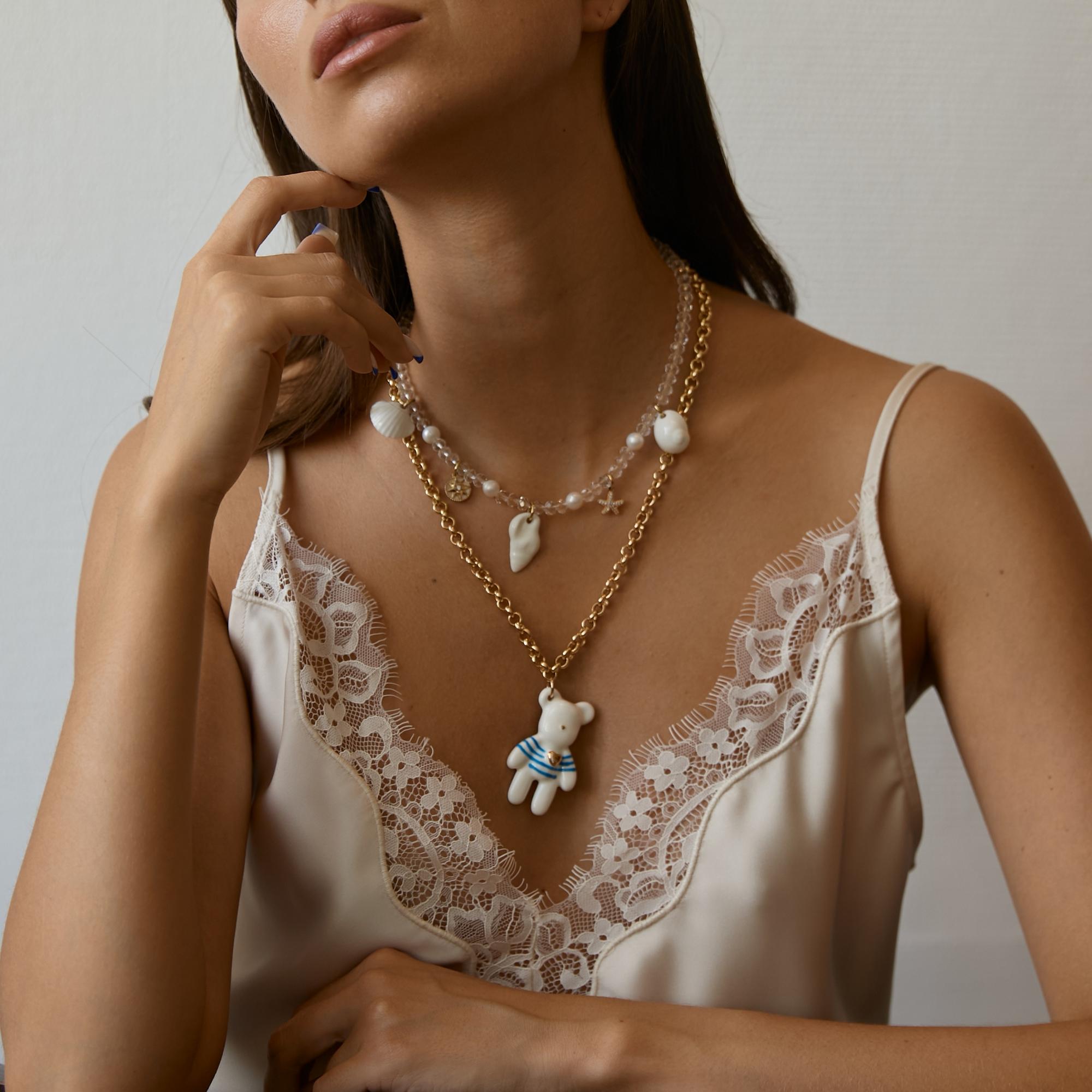 Колье многослойное мишка Готье синий с ракушками