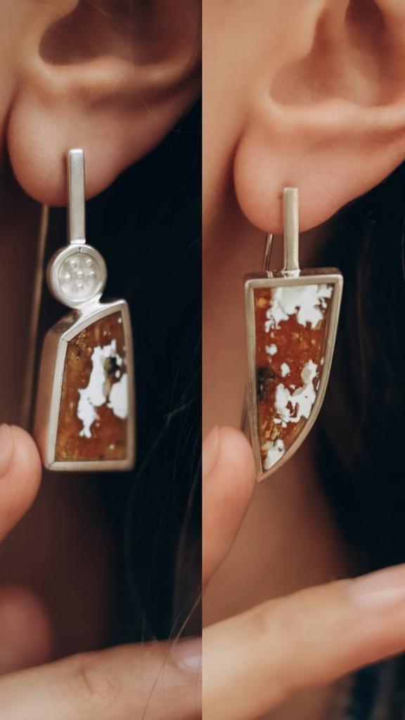 серьги ассиметричные с янтарем