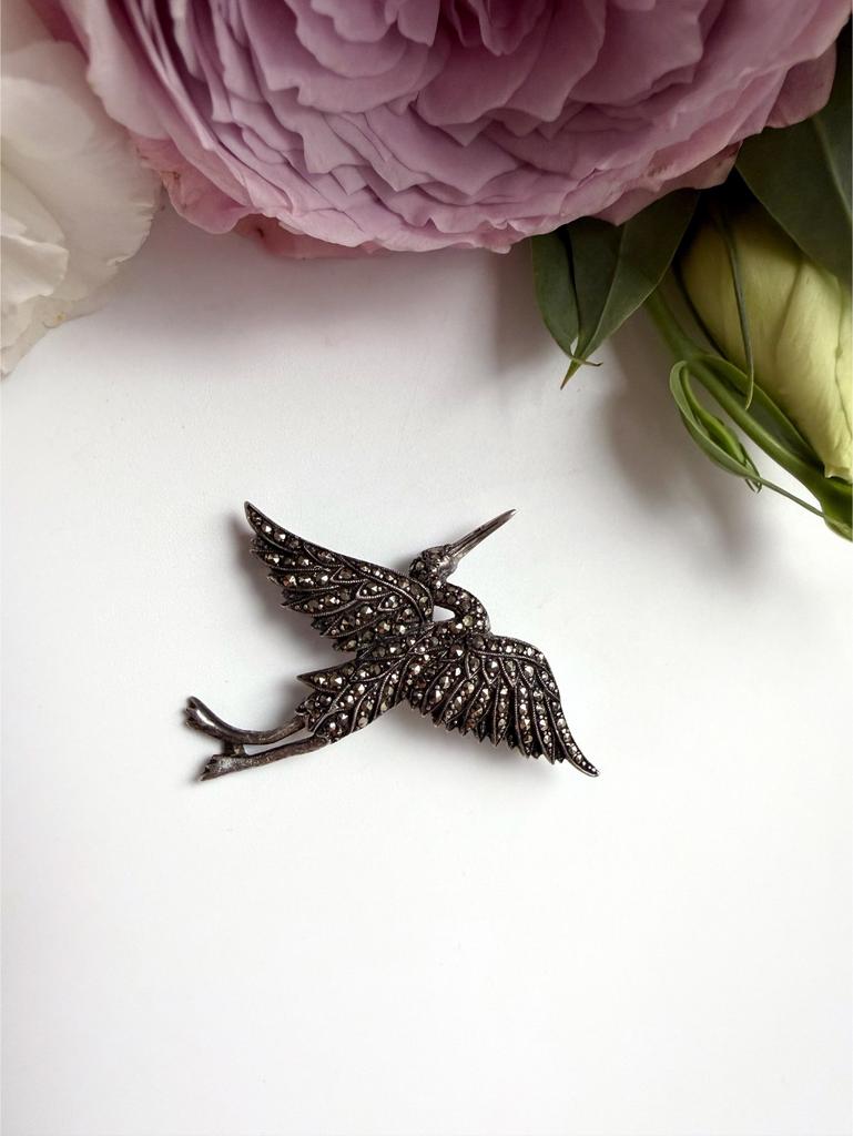 Брошь аист с марказитами