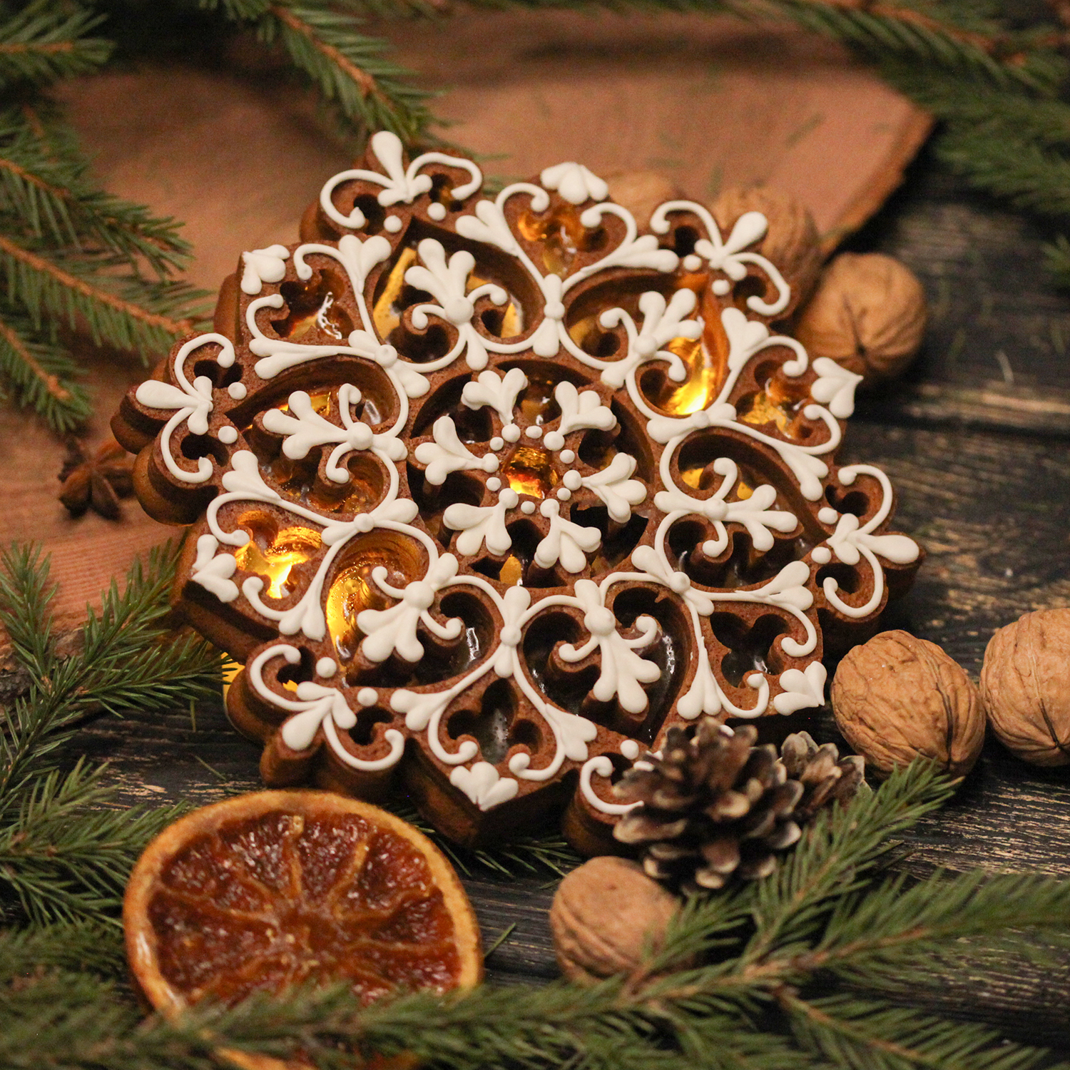 Большая пряничная ажурная Снежинка к Новому Году и Рождеству