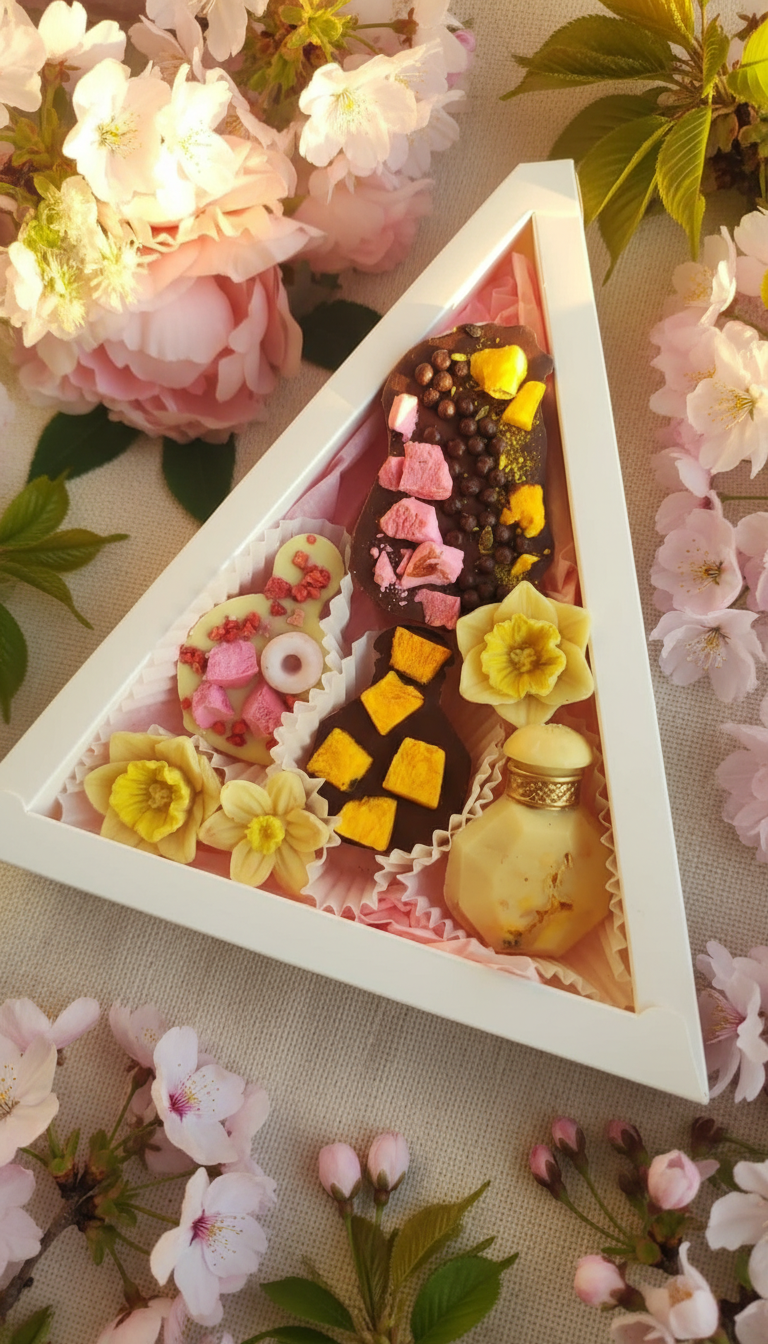 Набор шоколадных фигур: восьмерка с начинкой из карамели и песочной крошки, духи и нарциссы к 8 марта