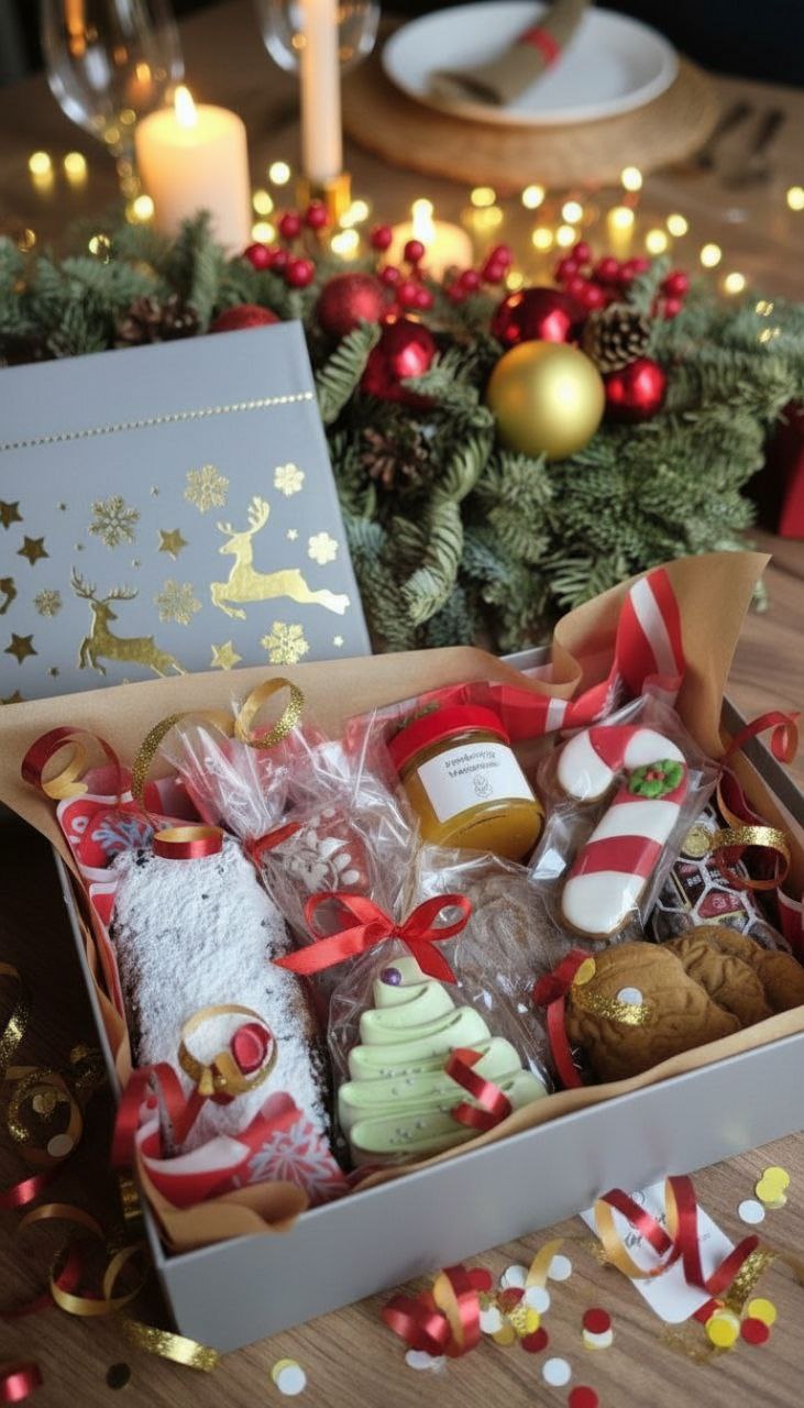 Новогоднее ассорти сладостей в большой коробке: фруткейк, печенья, елочка-безе, конфитюр, шоколадная колбаса, пряники, ириски, пряник лошадка с начинкой, пряник домик и др.​