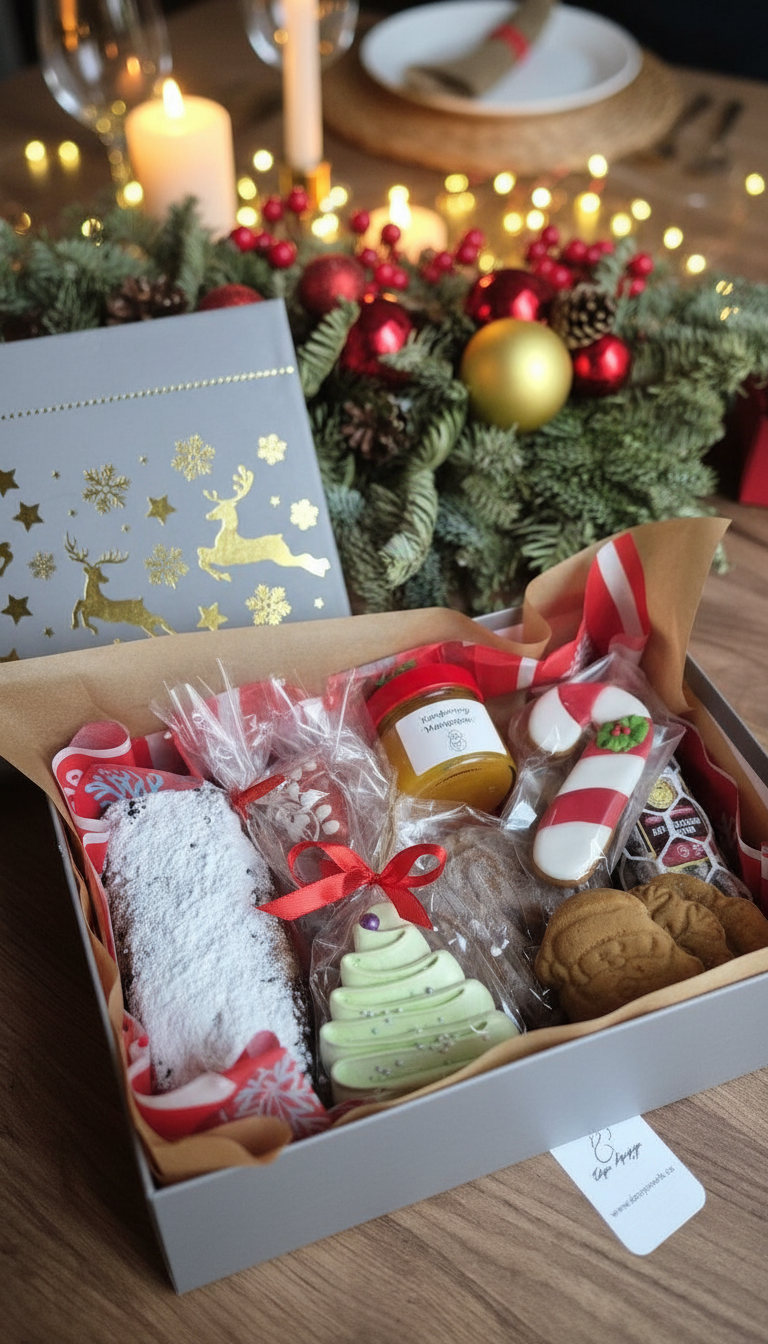 Новогоднее ассорти сладостей в большой коробке: фруткейк, печенья, елочка-безе, конфитюр, шоколадная колбаса, пряники, ириски, пряник лошадка с начинкой, пряник домик и др.​