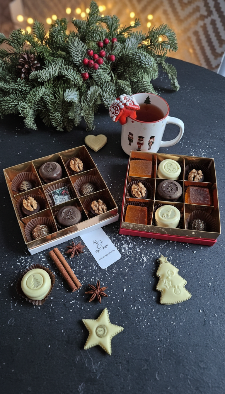 Наборы ассорти к новому году: пряники - сэндвичи в шоколаде с начинкой глинтвейн, мармелад, шоколадные фигурки, корпусные конфеты с начинкой в форме орешков и прочее