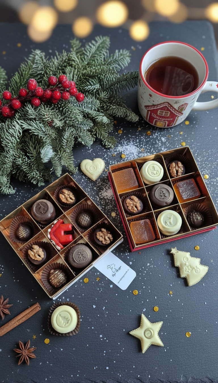 Наборы ассорти к новому году: пряники - сэндвичи в шоколаде с начинкой глинтвейн, мармелад, шоколадные фигурки, корпусные конфеты с начинкой в форме орешков и прочее