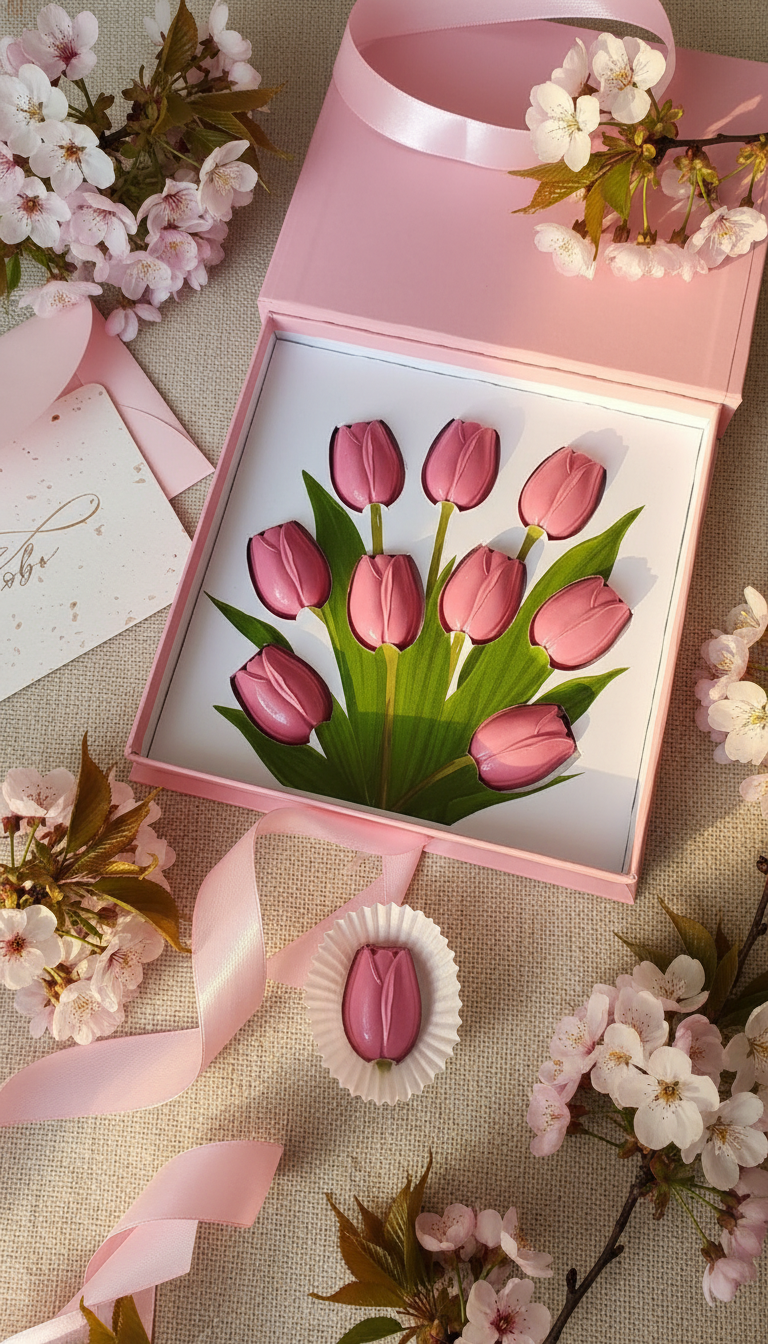 Конфеты с начинкой в форме тюльпанов ассорти в одной коробке к 8 марта