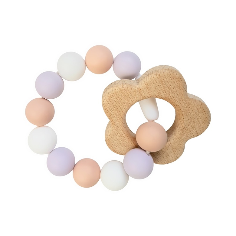 Браслет-прорезыватель с деревянным грызунком Цветочек / сиренево-персиковый