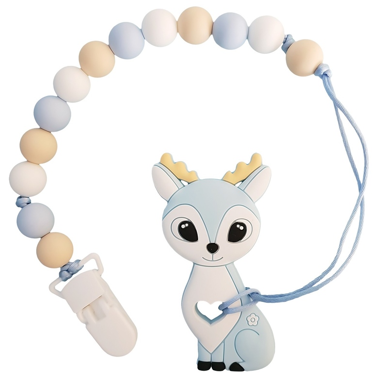 Грызунок-прорезыватель Бэмби на держателе с клипсой / бело-голубой