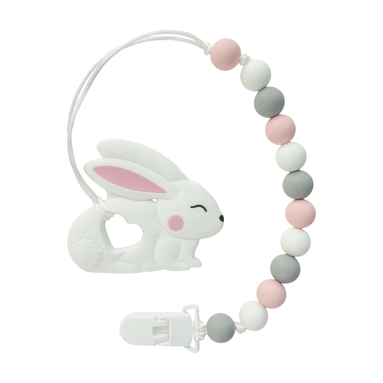 Грызунок-прорезыватель "Зайчик" на держателе с клипсой / белый