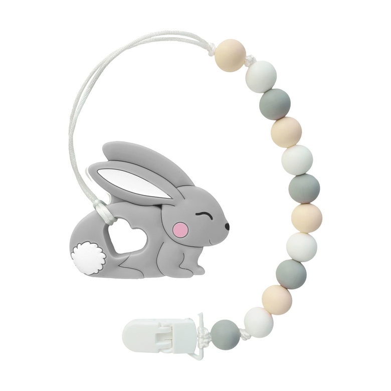 Грызунок-прорезыватель "Зайчик" на держателе с клипсой / серый