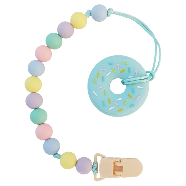 Грызунок-прорезыватель "Пончик" на держателе с клипсой / голубой