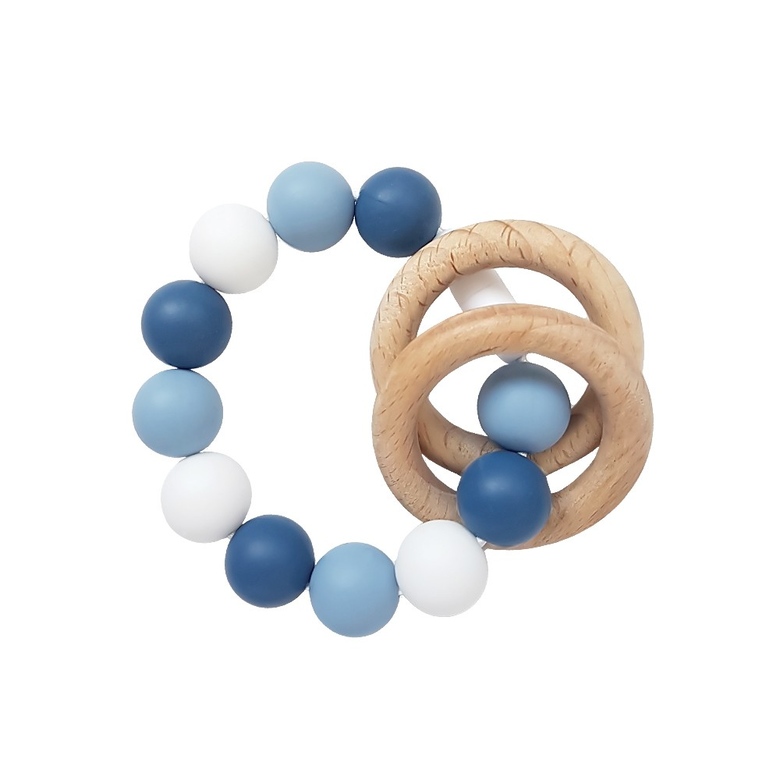 Браслет-прорезыватель с деревянным грызунком / бело-голубой с колечками