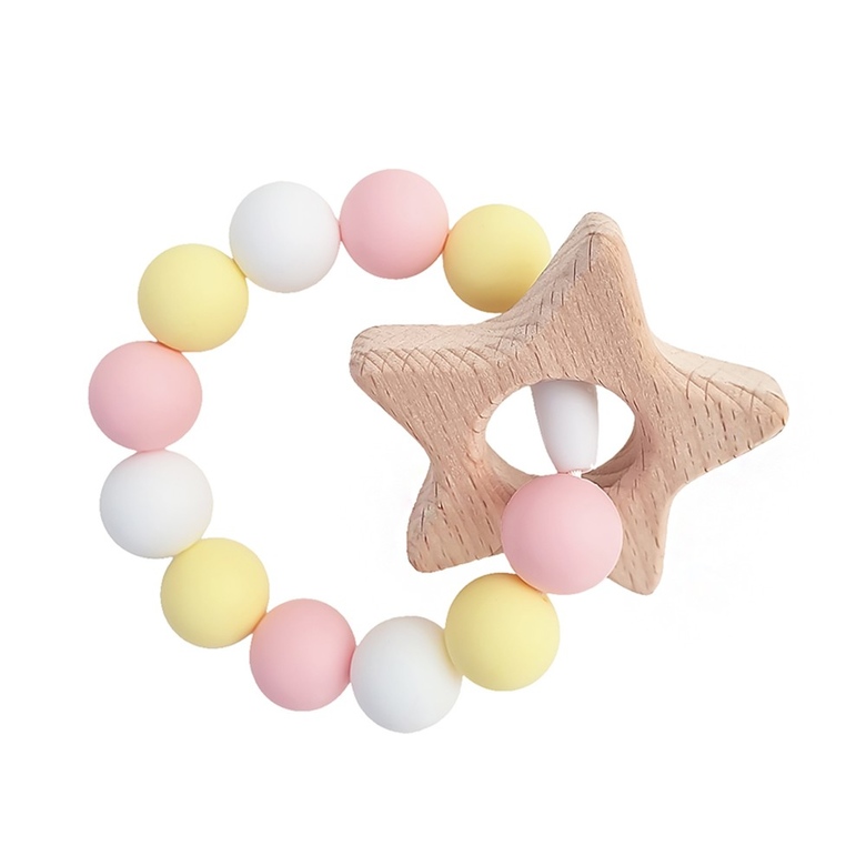 Браслет-прорезыватель с деревянным грызунком / желто-розовый