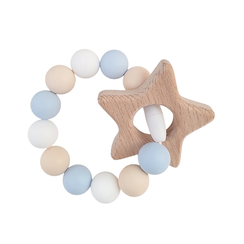 Браслет-прорезыватель с деревянным грызунком / бежево-голубой