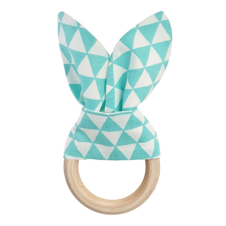 Прорезыватель "Ушки" на деревянном кольце / бирюзовый