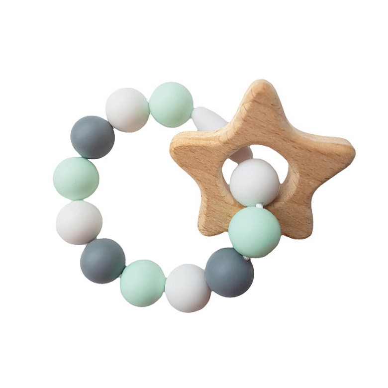 Браслет-прорезыватель с деревянным грызунком / серо-мятный