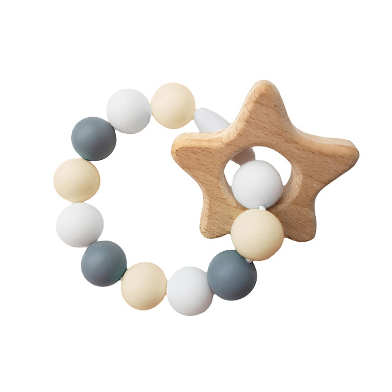 Браслет-прорезыватель с деревянным грызунком / серо-бежевый