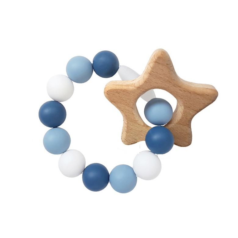 Браслет-прорезыватель с деревянным грызунком / бело-голубой