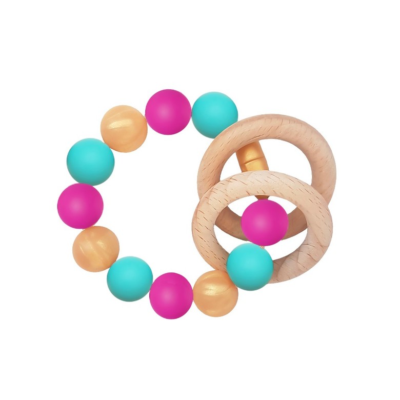 Браслет-прорезыватель с деревянным грызунком / малиново-бирюзовый
