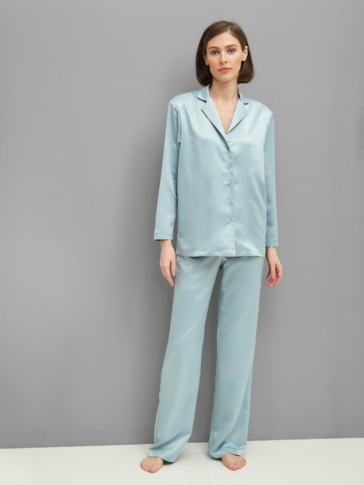 Пижама с брюками шелковая (голубой)