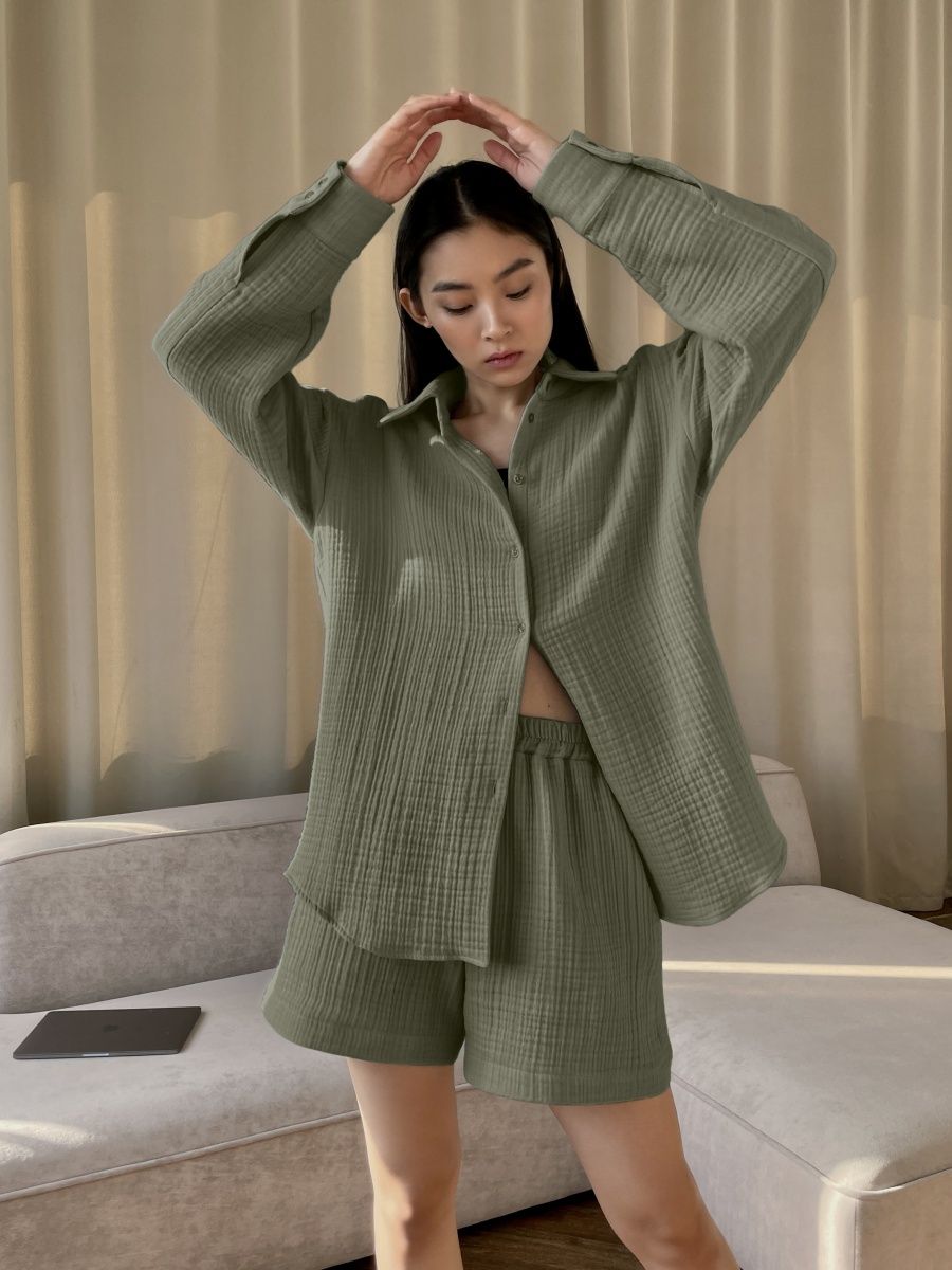 Пижама с шортами из муслина (хаки)