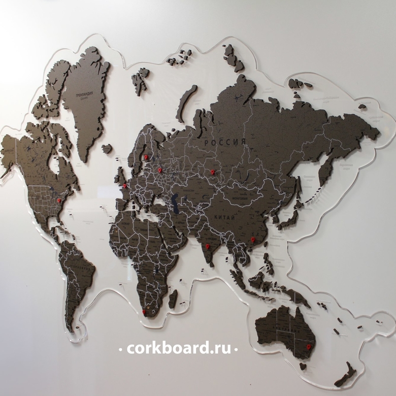 Пробковая тонированная карта мира на оргстекле(детализированный контур)