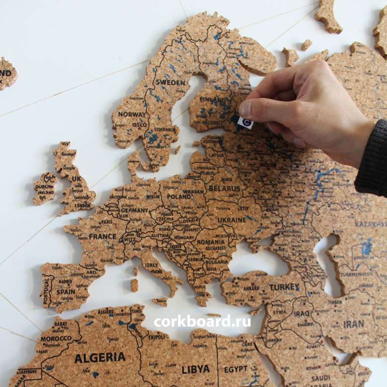 Фигурная пробковая карта мира(детализированный контур) на клеевой основе,  200*127 см