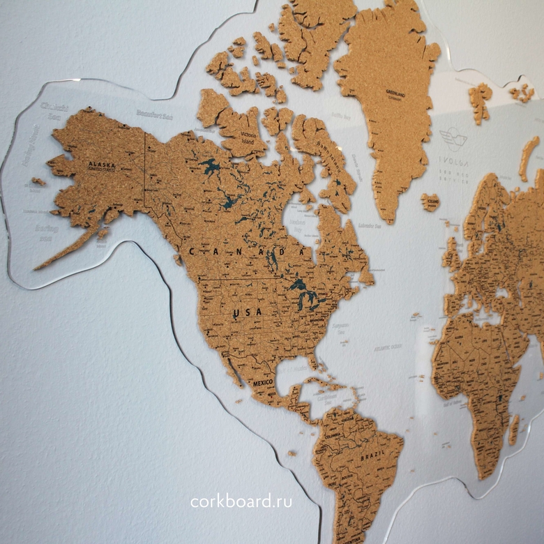 Пробковая карта мира на оргстекле(детализированный контур)