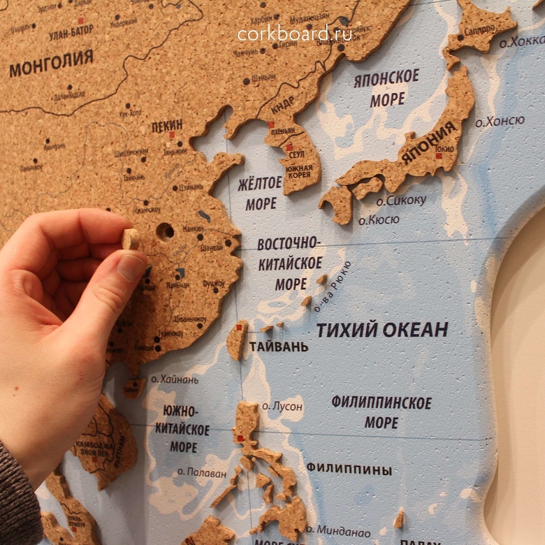 Пробковая карта мира на фигурном морском фоне(детализированный контур)