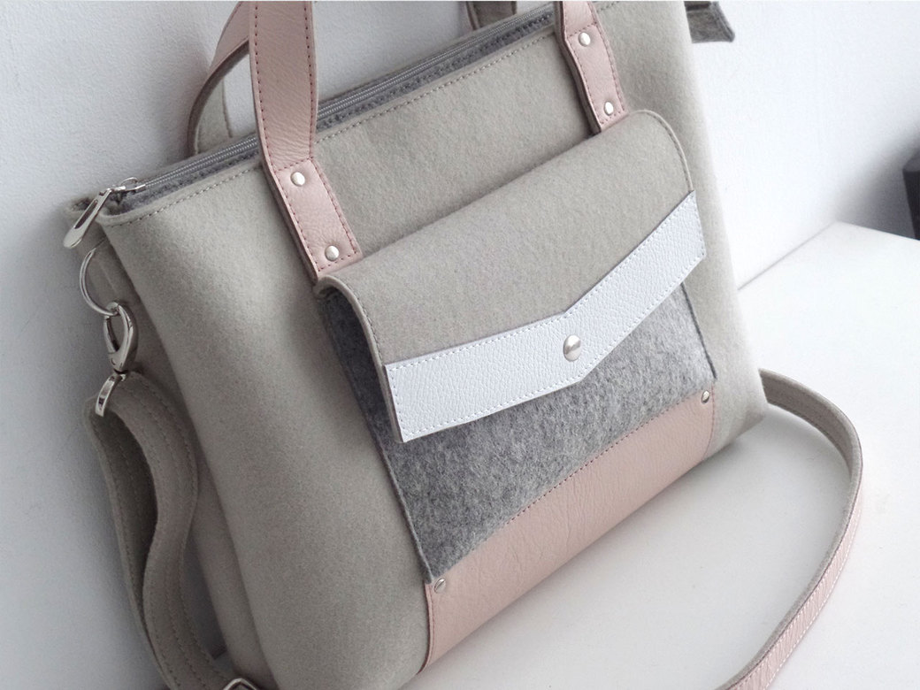 Портфель пепельный с белой и пудровой кожей