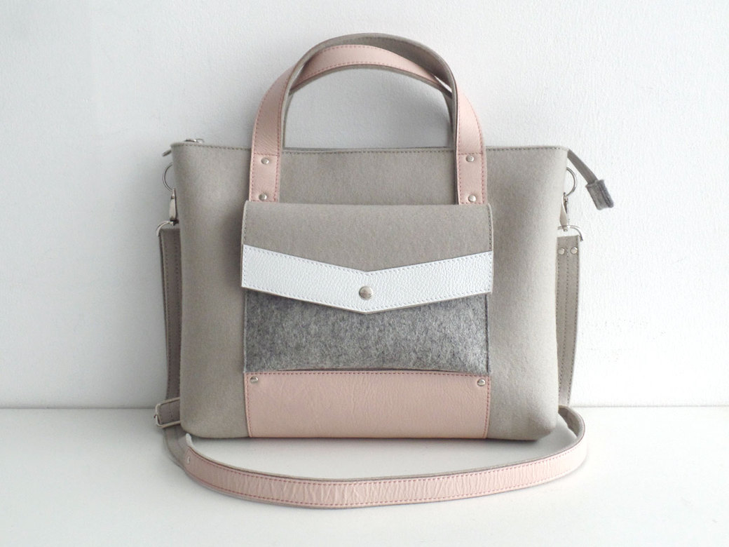 Портфель пепельный с белой и пудровой кожей